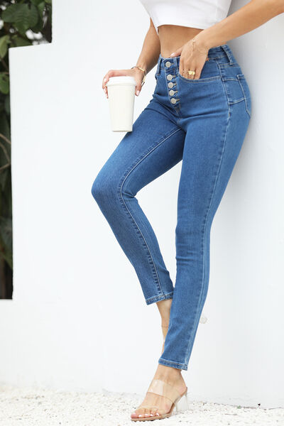 High Waist Button Fly Pocketed Jeans